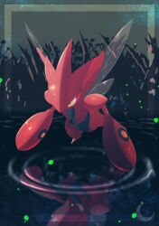 commentary_request flying framed full_body gen_2_pokemon highres horns mizunogoke nintendo no_humans pokemon pokemon_(creature) pokemon_focus reflection ripples scizor solo water yellow_eyes
