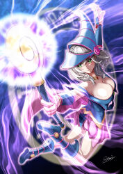 1girl absurdres blue_boots blue_dress blush boots braid breasts cane cleavage closed_mouth collarbone cosplay dark_magician_girl dark_magician_girl_(cosplay) detached_collar dress green_eyes grey_hair hair_between_eyes hat highres holding holding_cane hololive large_breasts shirogane_noel signature solo thighs utsumichaba virtual_youtuber witch witch_hat wristband yu-gi-oh!