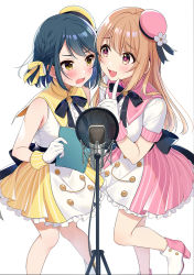 2girls :d ankle_boots back_bow bare_arms bare_shoulders blue_hair blush book boots bow braid breasts brown_hair dengeki_bunko eye_contact fang gloves hair_bow hat high_heel_boots high_heels highres holding holding_book idol index_finger_raised light_brown_hair long_hair looking_at_another medium_breasts microphone microphone_stand mini_hat mole mole_under_eye multiple_girls official_art open_mouth purple_eyes second-party_source seiyuu_radio_no_uraomote short_hair short_sleeves sidelocks simple_background skin_fang sleeveless smile standing straight_hair sweatdrop tsukana_(saba_mizore) utatane_yasumi white_background white_gloves yellow_bow yellow_eyes yuugure_yuuhi