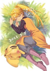 1girl ayan_ip blonde_hair boots closed_eyes closed_mouth commentary_request dated eyelashes from_above game_freak gen_1_pokemon grass highres long_hair lying nintendo on_side pants pikachu pokemon pokemon_(creature) pokemon_adventures ponytail purple_boots shirt sleeping smile speech_bubble thought_bubble tunic yellow_(pokemon)