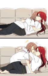 2girls blue_eyes blush couch highres hug long_hair love_live! love_live!_sunshine!! multiple_girls red_hair sakurauchi_riko shirt shorts simple_background watanabe_you white_background white_shirt yuri yuyu_(yuyunnm)