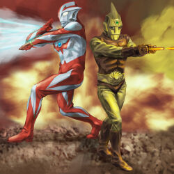 Rule 34 | 2boys, abs, alien, back-to-back, belt, boots, chest jewel, crossover, cyborg, energy, energy beam, energy bolt, gem, gem on head, giant, gloves, glowing, glowing eyes, igunuk, kaijin, melos (ultra series), multiple boys, muscular, muscular arms, muscular male, no humans, no pupils, p-productions, particle beam, pectorals, seijin, spectre-flash, spectreman, spectreman (character), superhero costume, the ultraman (manga), thick thighs, thighs, tsuburaya productions, ultra series, yellow eyes
