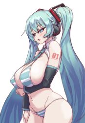 1girl absurdres aqua_eyes aqua_hair bare_shoulders bikini breasts hatsune_miku highres large_breasts long_hair looking_at_viewer micro_bikini navel nemojona swimsuit vocaloid white_background