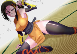 1girl black_panties black_thighhighs breasts brown_eyes brown_hair closed_mouth elbow_gloves foot_out_of_frame gloves hair_ornament hairclip highres holding holding_knife japanese_clothes kaede_(onimusha) knife looking_at_viewer ninja onimusha panties pursed_lips short_hair solo thighhighs toku_sonchou underwear weapon