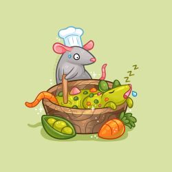 animal_focus bowl carrot charongess chef_hat commentary english_commentary food food_art food_focus foodification hat holding holding_spoon mouse_(animal) no_humans original peas ratatouille remy_(ratatouille) sleeping small_sweatdrop soup spoon zzz