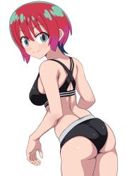1girl amate_yuzuriha aqua_eyes ass back black_panties black_sports_bra breasts closed_mouth commentary cowboy_shot from_behind gundam gundam_gquuuuuux leaning_forward looking_at_viewer looking_back medium_breasts panties ponzu_rui red_hair short_hair simple_background smile solo sports_bra sports_panties standing underwear underwear_only white_background