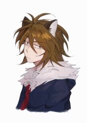Rule 34 | 1boy, absurdres, alternate eye color, animal ears, blue jacket, brown eyes, brown hair, cat ears, chinese commentary, closed mouth, commentary request, cropped torso, fur-trimmed jacket, fur trim, highres, isoi reiji, jacket, kemonomimi mode, male focus, no sclera, open clothes, open jacket, red shirt, saibou shinkyoku, sanpaku, shikira (shikira753), shirt, short hair, simple background, solo, white background