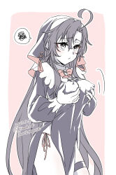 1girl ahoge alternate_costume alternate_hairstyle bare_legs black_dress black_hair black_veil blush bow bowtie breast_lift breasts closed_mouth covered_erect_nipples dated dress genderswap genderswap_(mtf) grabbing_own_breast hair_between_eyes hair_down kimako_(kimako_8) large_breasts long_hair long_sleeves modao_zushi monochrome nun panties pelvic_curtain pink_background red_bow red_bowtie red_panties ribbon side-tie_panties side_slit sidelocks simple_background solo spoken_squiggle spot_color squiggle tassel thigh_strap twitter_username underwear veil very_long_hair watermark wei_wuxian