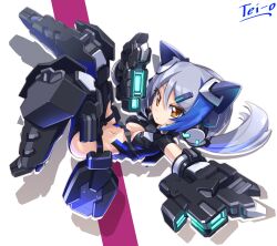 1girl artist_name blue_hair boots breasts brown_eyes cleavage drop_shadow grey_hair gun hair_between_eyes hair_ornament hairclip headgear highres holding holding_weapon long_hair looking_at_viewer low_ponytail mecha_musume medium_breasts multicolored_hair navel original ponytail shadow signature small_breasts solo tei-o two-tone_hair weapon white_background