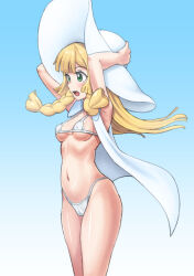 1girl arms_up bikini blonde_hair blue_background blue_sky braid breasts cameltoe commentary_request covered_erect_nipples els_(ljhlee12) eyelashes female_focus floating_hair gradient_background green_eyes hands_on_headwear hat highres korean_commentary lillie_(pokemon) long_hair medium_breasts micro_bikini navel nintendo open_clothes open_mouth pokemon pokemon_sm sky solo sun_hat swimsuit tagme tongue twin_braids white_bikini white_hat