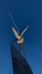 1girl absurdres angel angel_wings ass barefoot black_hair blue_sky commentary facing_away feathered_wings highres nude on_rock original rock sang_delan short_hair sky solo wide_shot wings