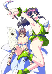 2girls a_midsummer_night&#039;s_dream arm_up armpits bare_shoulders belt black_hair bottomless bow breasts breasts_out brown_hair commentary_request fairy_wings flat_chest glasses green_eyes hair_bow harada_ui head_wreath highres large_breasts loli long_hair miyano_tomochika mortar_(bowl) multiple_girls nipples nishizawa_rika open_mouth pestle red-framed_eyewear red_eyes rika_(series) semi-rimless_eyewear short_hair sidelocks simple_background smile tiara two_side_up under-rim_eyewear white_background wings