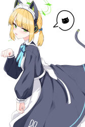 1girl absurdres animal_ear_headphones animal_ears apron black_dress blonde_hair blue_archive blush cat_tail dress fake_animal_ears fang green_eyes headphones highres isocha long_sleeves looking_at_viewer maid maid_apron maid_headdress midori_(blue_archive) midori_(maid)_(blue_archive) official_alternate_costume open_mouth puffy_long_sleeves puffy_sleeves short_hair simple_background solo tail white_apron white_background