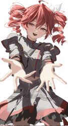Rule 34 | 1girl, :d, ahoge, black sleeve cuffs, bow, commentary, corrupted twitter file, cowboy shot, cryne, double-parted bangs, drill hair, fingernails, floating hair, grey jacket, grey skirt, hair between eyes, hair bow, highres, jacket, kasane teto, kasane teto (sv), layered skirt, layered sleeves, long sleeves, looking at viewer, midriff peek, musical staff, musical staff print, offering hand, open mouth, reaching, reaching towards viewer, red eyes, red hair, red nails, red skirt, red trim, skirt, skirt set, smile, solo, striped clothes, striped jacket, striped skirt, synthesizer v, teeth, twin drills, twitter username, upper teeth only, utau