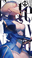 1girl artoria_pendragon_(fate) blonde_hair blue_dress braid breasts character_name cleavage closed_eyes collared_dress commentary_request dress english_text excalibur_(fate/stay_night) fate/stay_night fate_(series) from_side hair_bun hair_over_eyes holding holding_sword holding_weapon long_dress long_sleeves mebaru parted_lips puffy_long_sleeves puffy_sleeves saber_(fate) sheath sheathed sidelocks simple_background single_hair_bun solo sword text_background weapon white_background