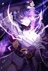 1girl absurdres arm_up armor back_bow black_panties blue_pupils blunt_bangs bow braid breasts bridal_gauntlets cleavage closed_mouth clothing_cutout collarbone commentary electricity english_commentary eyeliner flower genshin_impact glowing glowing_sword glowing_weapon gradient_background gradient_hair hair_flower hair_flowing_over hair_ornament head_tilt highres holding holding_sword holding_weapon japanese_clothes jhorliearts kimono large_breasts light_particles long_braid long_hair looking_at_viewer makeup mitsudomoe_(shape) mole mole_under_eye motion_blur multicolored_hair neck_ribbon off_shoulder panties pink_lips purple_background purple_eyes purple_flower purple_kimono purple_nails raiden_shogun red_eyeliner red_ribbon red_sash ribbon sash shaded_face short_sleeves shoulder_armor shoulder_cutout single_braid solo streaked_hair sword thighs tomoe_(symbol) underwear upper_body weapon wide_sleeves