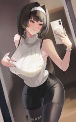 1girl absurdres alternate_costume astra_yao black_hair black_pantyhose black_shorts bracelet breasts cellphone commentary_request dutch_angle hair_intakes hairband hand_on_own_chest highres holding holding_phone jewelry large_breasts long_hair mirror nail_polish pantyhose pearl_bracelet phone pink_nails red_eyes reflection ribbed_sweater shorts sleeveless sleeveless_sweater slit_pupils smartphone smile solo sweater sweater_tucked_in tight_clothes white_hairband white_sweater yato_(yama0x1) zenless_zone_zero