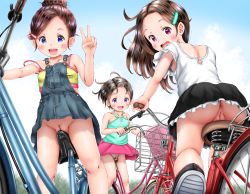 3girls absurdres ass backpack bag bicycle blue_eyes blush brown_hair censored cleft_of_venus crime_prevention_buzzer day fat_mons female_focus hair_ornament hair_up hairclip higeepon highres huge_filesize loli long_hair looking_at_viewer looking_back mosaic_censoring multiple_girls nipples no_panties open_mouth outdoors panties pink_eyes purple_eyes pussy randoseru short_hair sky smile striped third-party_edit underwear upskirt v