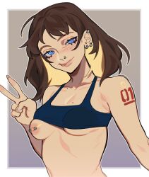 1girl absurdres artist_self-insert black_sports_bra blonde_hair blue_eyes blush breasts brown_hair clothes_lift collarbone colored_inner_hair commentary ear_piercing english_commentary fingernails fingerprint head_tilt highres lips long_fingernails looking_at_viewer medium_hair mole mole_on_breast mole_on_collarbone multicolored_hair multiple_moles multiple_piercings naughty_face nipple_piercing nipples nose_blush nose_piercing number_tattoo one_breast_out piercing porqueloin real_life ringed_eyes self-portrait selfie shoulder_tattoo small_breasts solo sports_bra sports_bra_lift tattoo two-tone_hair v
