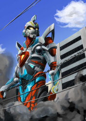 1boy absurdres acceptor armor black_armor blue_armor blue_sky breastplate building city cityscape clenched_hands cloud cloudy_sky commentary cowboy_shot day dust_cloud english_commentary forehead_jewel full_armor gattyo gauntlets gem giant glowing glowing_eyes green_gemstone gridman_(ssss) gridman_universe highres looking_ahead male_focus mecha multicolored_armor outdoors power_lines red_armor robot shoulder_armor shoulder_pads silver_armor sky smoke smoke_trail solo ssss.gridman standing tokusatsu toned toned_male yellow_eyes