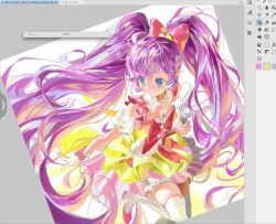 1girl art_program_in_frame blue_eyes bow clip_studio_paint_(medium) collar detached_collar detached_sleeves dress floating_hair hair_bow highres holding holding_microphone idol idol_clothes large_bow light_blush light_smile long_hair looking_to_the_side manaka_laala medium_dress microphone multicolored_dress pink_bow pink_dress pink_shoes pretty_series pripara puffy_short_sleeves puffy_sleeves purple_hair red_bow shoes short_sleeves sleeveless sleeveless_dress solo sycisycii thighhighs twintails very_long_hair white_collar white_dress white_sleeves white_thighhighs wrist_bow yellow_dress zettai_ryouiki