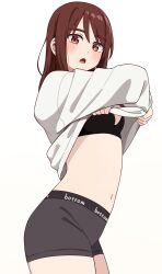 Rule 34 | 1girl, absurdres, black bra, black panties, blush, bow, bow bra, boyshort panties, bra, breasts, brown eyes, brown hair, clothes lift, clothes writing, commentary request, highres, kapatarou, lifting own clothes, long hair, navel, open mouth, original, panties, shirt, shirt lift, small breasts, solo, underwear, underwear writing, undressing, white background, white shirt