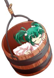 1girl alphes_(style) bucket closed_eyes closed_mouth commentary_request dairi full_body green_hair hair_bobbles hair_ornament in_bucket in_container japanese_clothes kimono kisume large_variant_set long_sleeves parody short_hair solo style_parody tachi-e touhou transparent_background twintails variant_set white_kimono wooden_bucket