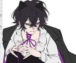1boy animal_ears black_hair black_jacket black_pants cat_ears coat coat_on_shoulders collarbone hair_between_eyes jacket jacket_on_shoulders knees_up long_sleeves male_focus minirai0707 neck_ribbon original pants parted_lips purple_eyes purple_ribbon ribbon shirt simple_background smile solo squatting white_background white_shirt