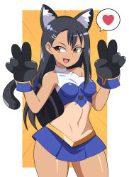 1girl abysswatchers alternate_costume animal_ears animal_hands black_gloves black_hair blue_skirt breasts brown_eyes cat_ears commentary cowboy_shot crop_top dark-skinned_female dark_skin double_v ear_piercing english_commentary eyelashes fake_animal_ears fang gloves hair_ornament hairclip heart highres ijiranaide_nagatoro-san long_hair looking_to_the_side midriff nagatoro_hayase open_mouth paw_gloves piercing shiny_skin shirt skin_fang skirt sleeveless sleeveless_shirt smile solo speech_bubble spoken_heart tan tanline thighs v