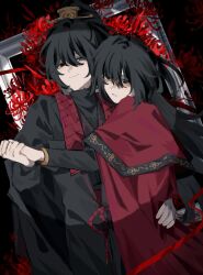 2boys black_eyes black_hair black_hanfu blue_eyes chinese_clothes cloak dancing doorway double-parted_bangs family_hierarch_candidate_(identity)_(project_moon) flower hair_between_eyes hair_ornament hand_on_another&#039;s_waist hanfu heterochromia high_ponytail highres holding_hands hong_lu_(project_moon) jia_family_(identity)_(project_moon) limbus_company male_focus multiple_boys ponytail project_moon red_cloak red_ribbon red_scarf ribbon rope_belt scarf smile spider_lily spotlight surprised wuzinan19 yi_sang_(project_moon)