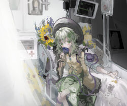 1girl 1other bed black_hair black_hat blue_flower blue_rose blush bouquet bow buttons cardiogram collared_shirt colored_eyelashes cross curtains dated_commentary diamond_button eyeball floral_print flower frilled_shirt_collar frilled_sleeves frills green_eyes green_hair green_skirt hat hat_bow highres holding holding_flower hospital hospital_bed indoors intravenous_drip iv_stand koishi_day komeiji_koishi latin_cross medium_hair on_bed red_cross rose rose_print sesmkun shirt skirt smelling smelling_flower stuffed_animal stuffed_toy sunflower teddy_bear third_eye touhou wide_sleeves yellow_bow yellow_shirt