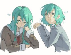 2girls aqua_hair bang_dream! chinese_commentary closed_mouth commentary_request dress green_eyes hanasakigawa_school_uniform haneoka_school_uniform highres hikawa_hina hikawa_sayo long_hair long_sleeves multiple_girls sailor_collar sailor_dress school_uniform short_hair siblings simple_background sisters toumeiii twins upper_body white_background white_sailor_collar