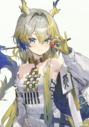 Rule 34 | 1girl, arknights, armpits, bare shoulders, blonde hair, blue eyes, breasts, closed mouth, colored skin, dragon horns, dress, gradient hair, grey hair, heart, highres, holding, horns, jacket, jewelry, long hair, looking at viewer, medium breasts, milcona, multicolored hair, necklace, off shoulder, open clothes, open jacket, shu (arknights), simple background, smile, solo, strapless, strapless dress, two-tone hair, upper body, very long hair, white background, white dress, white jacket