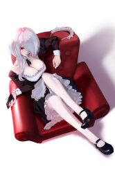 1girl absurdres apron black_shoes breasts cleavage collar commentary_request detached_collar full_body hair_over_one_eye high_heels highres holding holding_phone long_hair looking_at_viewer maid maid_headdress ohc. on_chair original phone red_eyes shoes simple_background sitting solo thighhighs unworn_maid_headdress waist_apron white_apron white_background white_collar white_thighhighs
