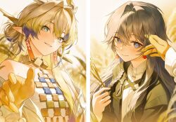 66hongcha arknights blonde_hair blush braid brown_hair choker closed_mouth couple crossed_bangs day doctor_(arknights) earrings eyelashes eyeshadow female_doctor_(arknights) gloves gradient_hair green_eyes grey_eyes hair_between_eyes hair_intakes hair_ornament hair_stick happy highres holding horns jewelry long_hair long_sleeves looking_at_viewer makeup multicolored_hair open_hand outdoors parted_lips shu_(arknights) sidelocks smile sunlight tassel tassel_earrings upper_body yellow_gloves yellow_horns yuri