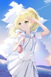 1girl arm_up backpack bag blonde_hair blurry blurry_background closed_mouth cloud coletta_(colet_colettia) commentary_request day eyelashes floating_hair green_eyes highres holding_strap lillie_(pokemon) long_hair looking_to_the_side nintendo outdoors pink_bag pleated_skirt pokemon pokemon_sm shirt short_sleeves skirt sky solo water white_shirt white_skirt