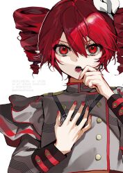 1girl akinoshuuya belt black_belt buttons double-breasted double-parted_bangs drill_hair grey_jacket hair_between_eyes hair_ribbon hand_on_own_chest highres jacket kasane_teto kasane_teto_(sv) long_sleeves looking_at_viewer microphone open_mouth red_eyes red_hair red_nails red_trim ribbon shoulder_belt shoulder_boards simple_background solo straight-on striped_clothes striped_jacket synthesizer_v twin_drills upper_body utau v-shaped_eyebrows white_background white_ribbon