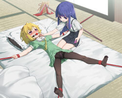 2girls absurdres ahegao ball_gag bdsm blonde_hair blush bondage bound bow bowtie breasts collared_shirt dress femdom forced_orgasm furude_rika gag gagged green_dress high-waist_skirt highres higurashi_no_naku_koro_ni houjou_satoko indoors kneeling loli long_hair looking_at_viewer looking_up lying medium_hair multiple_girls object_insertion on_back open_mouth pink_bow pink_bowtie purple_eyes purple_hair pussy_juice remote_control_vibrator restrained separated_arms separated_legs sex_toy shirt short_sleeves skirt small_breasts socks suspender_skirt suspenders vaginal vaginal_object_insertion very_long_hair vibrator white_shirt white_socks wiffle_gag xiongmao