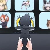 6+girls animal_ears animated bat-eared_fox_(kemono_friends) black_hair blonde_hair blurry brown_hair commentary dancing eurasian_eagle_owl_(kemono_friends) facing_away from_behind grey_hair hacking hood hood_down hoodie kemono_friends computer_keyboard lesser_panda_(kemono_friends) looping_animation multicolored_hair multiple_girls penguin_tail rockhopper_penguin_(kemono_friends) royal_penguin_(kemono_friends) sand_cat_(kemono_friends) screen short_hair tail taro_(tontaro) video