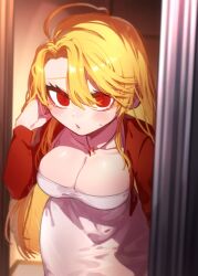 1girl ahoge breasts cardigan cleavage_cutout clothing_cutout cowboy_shot don_quixote_(project_moon) dongtan_dress doorway dress from_above hair_over_shoulder highres jewelry large_breasts leaning_forward limbus_company long_hair long_sleeves necklace open_cardigan open_clothes pmchell_04 pov_doorway project_moon red_cardigan red_eyes sancho_(project_moon) shiny_skin slit_pupils white_dress