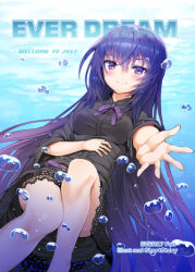 Rule 34 | 1girl, air bubble, black dress, black hair, bow, bubble, dress, ever 17, komachi tsugumi, long hair, murata taichi, outstretched arm, purple bow, purple eyes, smile, solo, underwater, very long hair