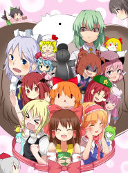 &gt;_&lt; 6+girls absurdres alice_margatroid beret black_hair black_vest blonde_hair blue_dress blue_eyes blue_hair blush bow braid brown_hair brown_horns capelet chibi cirno cirno_(cookie) closed_eyes closed_mouth collared_shirt colored_skin commentary_request cookie_(touhou) cup daiyousei diyusi_(cookie) dress everyone flandre_scarlet flying garbage_(cookie) genpatsu_(cookie) green_bow green_hair hair_between_eyes hair_bow hakurei_reimu hat hat_ornament head_wings highres hinase_(cookie) holding holding_cup hong_meiling horns ibuki_suika inu_(cookie) inubashiri_momiji izayoi_sakuya kazami_yuuka kirisame_marisa koakuma light_purple_hair long_hair looking_at_viewer looking_to_the_side macota_(cookie) medicine_melancholy medium_hair mob_cap msta_(cookie) multiple_girls mystia_lorelei nose_bubble onozuka_komachi open_mouth orange_hair patchouli_knowledge pink_hair plaid_clothes plaid_vest purple_bow purple_eyes purple_hair red_bow red_eyes red_hair red_vest reiuji_utsuho remilia_scarlet reu_(cookie) rumia shaded_face shameimaru_aya shirt shishou_(cookie) short_hair side_ponytail sleeping smile solid_oval_eyes soyo1558686 star_(symbol) star_hat_ornament tearing_up the_chicken_that_appears_in_the_middle_of_cookie tokin_hat tori_(cookie) touhou triangle_mouth tsurikichi_obasan twin_braids twintails upper_body uzuki_(cookie) vest white_capelet white_shirt white_skin wings yamin_(cookie) yunomi yuzuyu_(cookie)