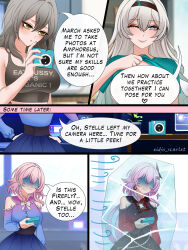 Rule 34 | 3girls, absurdres, aqua shirt, black tank top, blush, brown hairband, camera, closed mouth, eidis scarlet, english text, evernight (honkai: star rail), firefly (honkai: star rail), gradient eyes, green pupils, grey hair, hair between eyes, hair intakes, hairband, highres, holding, holding camera, honkai: star rail, honkai (series), lifting own clothes, march 7th (honkai: star rail), multicolored eyes, multiple girls, one eye closed, open mouth, shirt, smile, speech bubble, stelle (honkai: star rail), tank top, trailblazer (honkai: star rail), yellow eyes