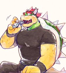 1boy bara black_pants black_shirt blush bottle bowser claws commentary_request furry furry_male highres holding holding_bottle looking_at_viewer male_focus mario_(series) nintendo open_mouth pants red_hair shirt sitting spiked_shell spiked_tail surprised sweatdrop tail wide-eyed wristband yowasabimechaoc