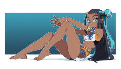 1girl absurdres armband armlet bare_arms bare_legs bare_shoulders barefoot belly_chain black_hair blue_eyes blue_eyeshadow blue_hair breasts commentary crop_top dark-skinned_female dark_skin earclip earrings english_commentary eyeshadow feet from_side full_body highres hoop_earrings jewelry legs long_hair looking_at_viewer makeup midriff multicolored_hair navel nessa_(pokemon) nintendo outline outstretched_arms parted_lips pokemon pokemon_swsh short_shorts shorts simple_background sitting small_breasts solo streaked_hair tobias_wheller toes two-tone_hair white_outline