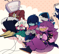 Rule 34 | 1girl, 1other, 3boys, ant tenna, barefoot, black boots, black hair, black pants, blush, boots, colored teeth, commentary request, controller, deltarune, game controller, gloves, goat boy, grey gloves, grin, hair over eyes, highres, holding, holding controller, holding game controller, jacket, kris (dark world) (deltarune), kris (deltarune), lancer (deltarune), long hair, long sleeves, multiple boys, necktie, nikorashi-ka, pants, playing games, polka dot, polka dot background, purple hair, purple pants, ralsei, red jacket, rouxls kaard, sharp teeth, shoes, short hair, sitting, smile, susie (dark world) (deltarune), susie (deltarune), teeth, television, white gloves, yellow background, yellow necktie, yellow shoes, yellow teeth