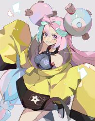 boots bow-shaped_hair character_hair_ornament fake_hair_bun grey_boots grey_pantyhose hair_ornament hexagon_print highres iono_(pokemon) jacket multicolored_hair oversized_clothes pantyhose piyomaru_(hachiyonnxxxx) pokemon pokemon_sv sharp_teeth single_leg_pantyhose sleeves_past_fingers sleeves_past_wrists split-color_hair teeth two-tone_hair very_long_sleeves x yellow_jacket