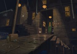 absurdres ame246 box brick_wall cardboard_box door highres industrial_pipe lamppost night no_humans original outdoors plant potted_plant rain scenery stairs urban window