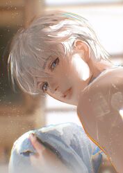 1boy blue_eyes blurry blurry_background commentary english_commentary hair_between_eyes highres holding holding_towel light_particles looking_at_viewer love_and_deepspace parted_lips portrait short_hair sunlight teeth towel wet white_hair xavier_(love_and_deepspace) zhishangjun123