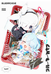 Rule 34 | 2girls, :d, absurdres, arms up, arona (blue archive), black shirt, black skirt, blue archive, blue hair, blue halo, blue shirt, blush, bm tol, bow hairband, chibi, closed eyes, closed mouth, colored inner hair, food, grey eyes, hair over one eye, hairband, halo, highres, long hair, long sleeves, looking at another, multicolored hair, multiple girls, onigiri, open mouth, pink hair, plana (blue archive), red halo, red pupils, sailor collar, school uniform, serafuku, shirt, shopping basket, simple background, skirt, smile, v, white background, white hair, white hairband, white sailor collar, white skirt